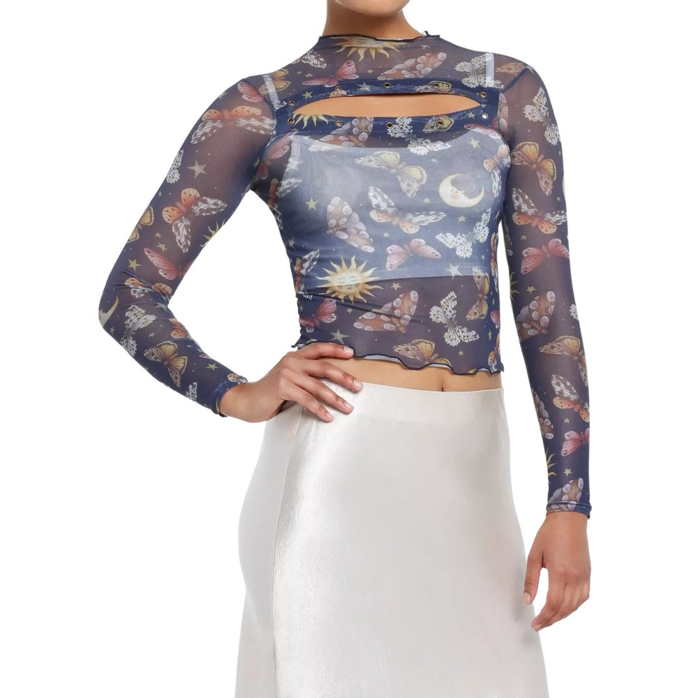 Hot Topic Cosmic‎ Aura Mesh Celestial Butterfly Cutout Top Navy Blue Medium NEW